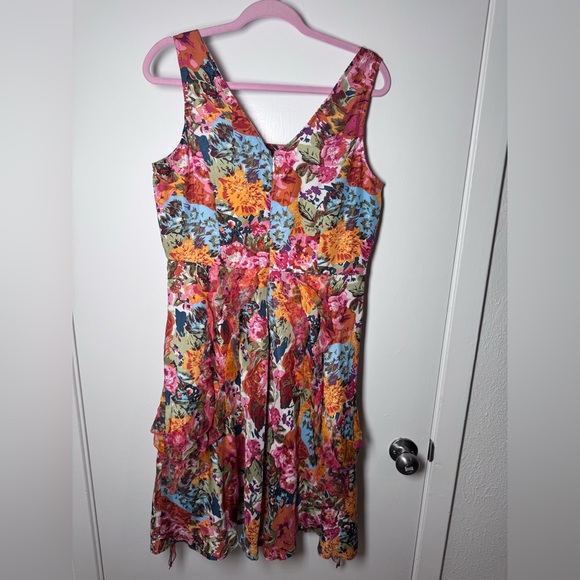 Sundance Silk Orange Red Floral Midi Dress Ruffle Havana - Picture 5 of 6